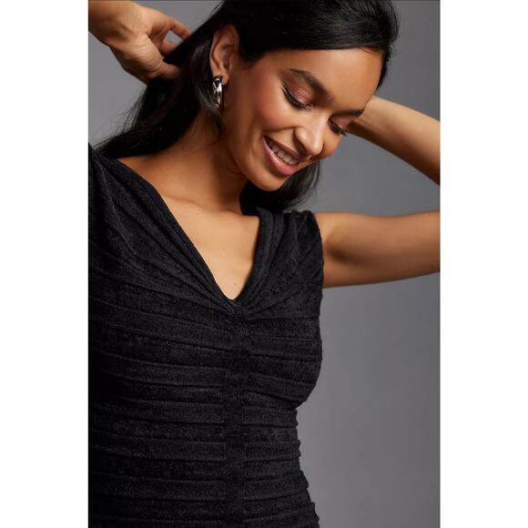 NWT By Anthropologie V-Neck Chenille Midi Dress $248 X-SMALL Black - Picture 3 of 7